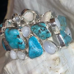 Gorgeous Tibetan Turquoise + Moonstone gem cluster statement cuff